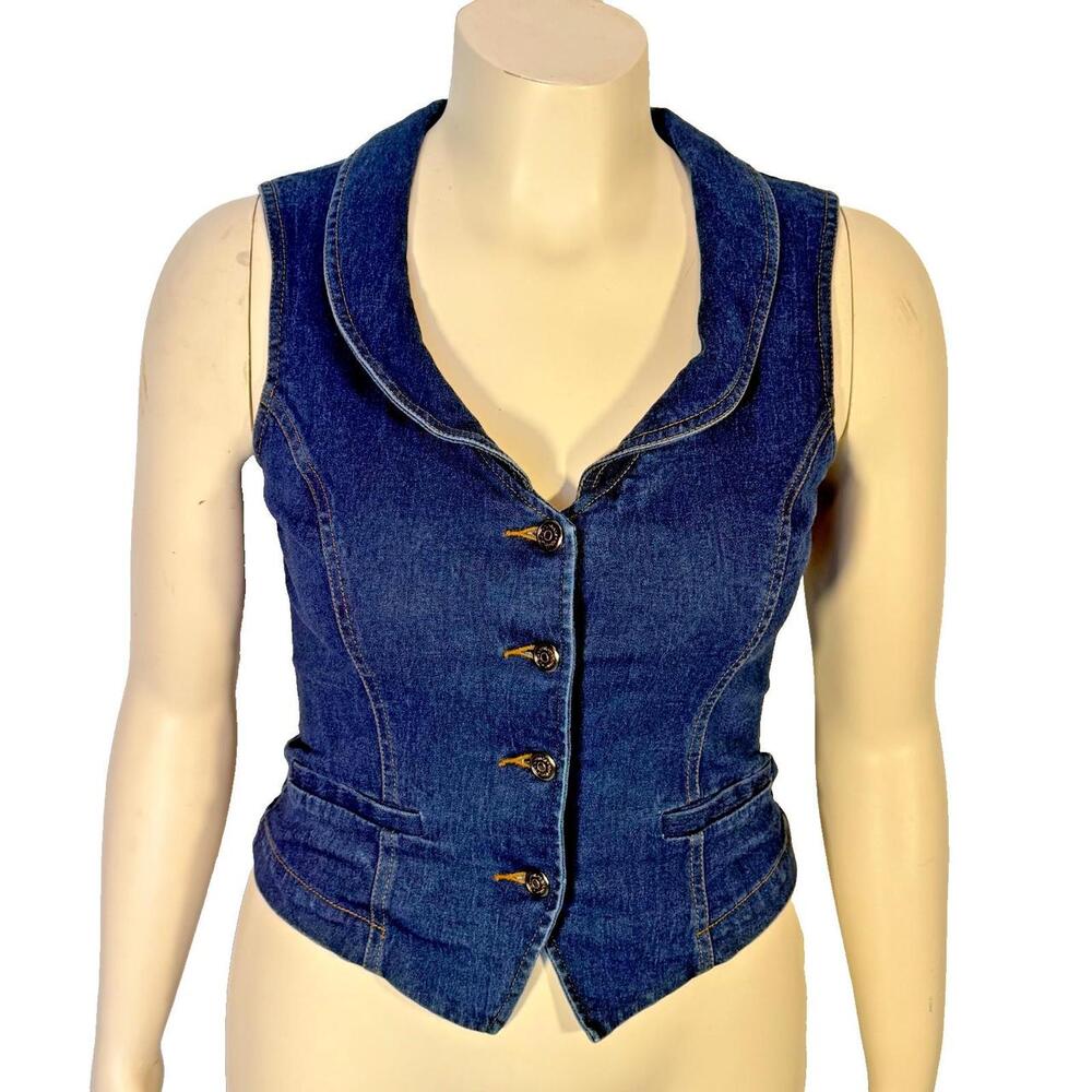 Georgiou Vintage Denim Vest Women's Size 10 Collared Neck Point Hem 4-Button